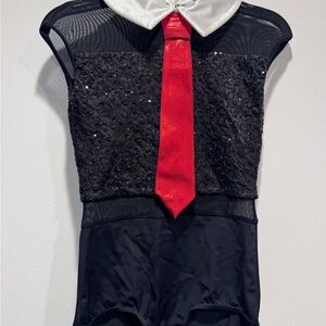 Weissman Black Sequin Dance Costume with Red Tie and White Collar